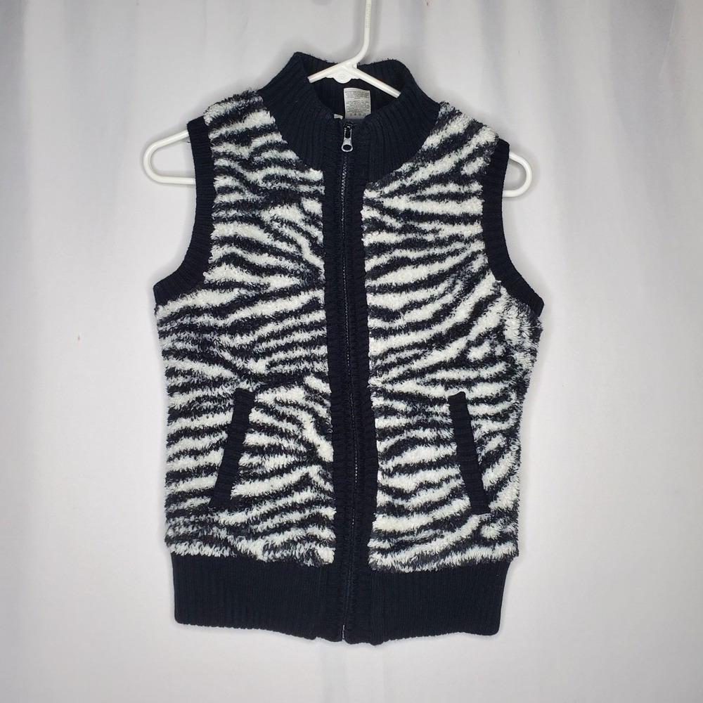 Bongo Faux Fur Vest Women Jr Medium Zebra‎ Rib Mock Neck Zip Vtg Y2K Grunge